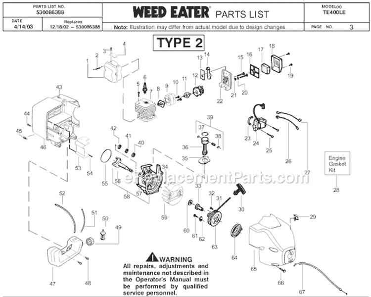 Page C Diagram and Parts List for TE400LE Type 4 Weed Eater Trimmer